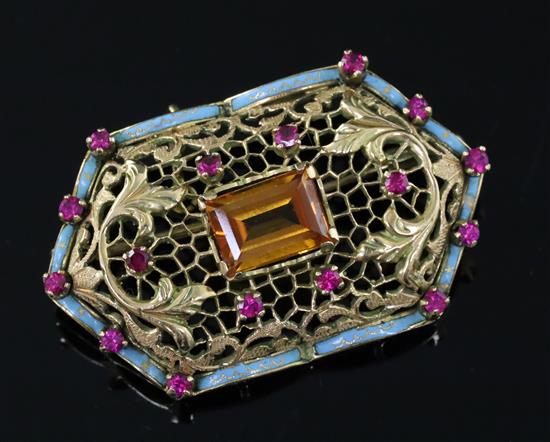 A 1960s Italian 18ct gold, synthetic? orange sapphire, synthetic? ruby and blue enamel set octagonal openwork brooch by Garavelli,